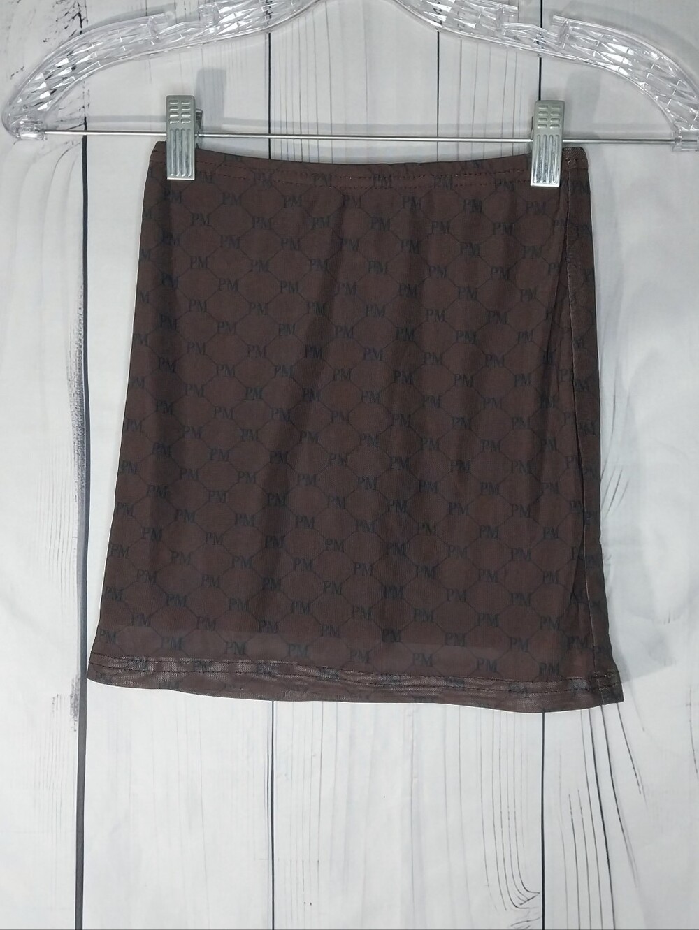Peppermayo Abbie Print Mesh Y2K Style Bodycon Mini Skirt Chocolate Monogram